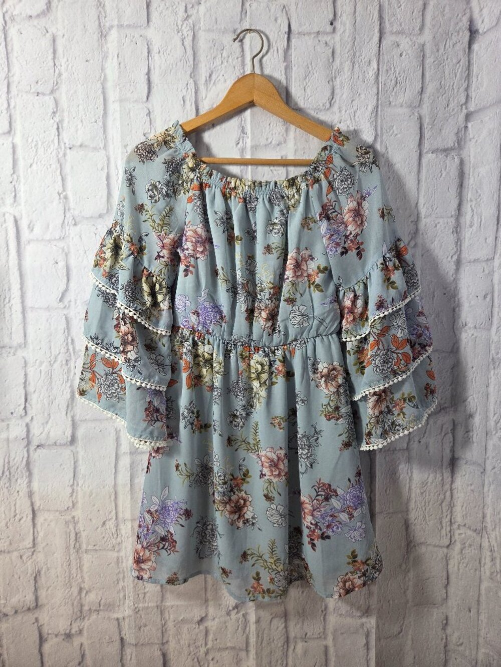 Bailey Blue Small Blue Floral Bell Sleeve Off the Shoulder Babydoll Mini Dress